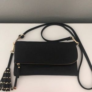 Black Pleather Crossbody Bag with Gold Accents